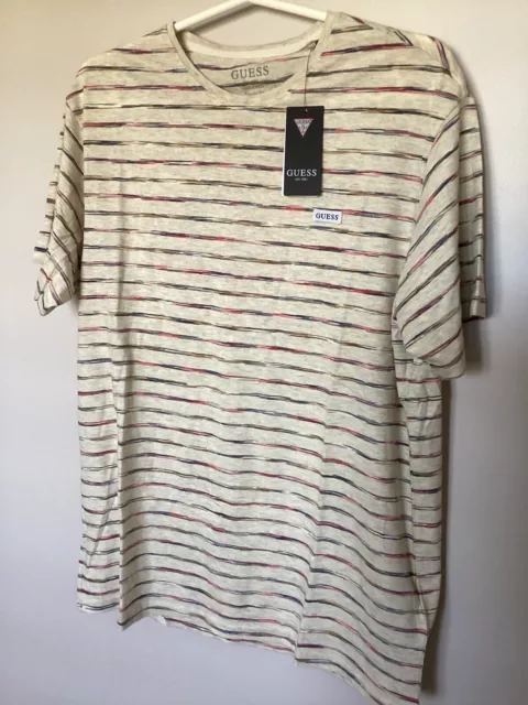 Mens Guess - Bnwt - Striped Guess Patch Tee - Size L - White Multi - Rrp $59.95