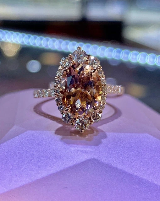 3.20Ct Oval Cut Lab-Created Morganite Halo Engagement Ring 14K Rose Gold Plated
