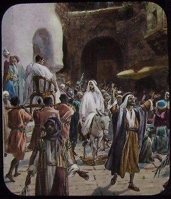 Glass Magic Lantern Slide JESUS ENTERING JERUSALEM C1900 DRAWING RELIGION BIBLE