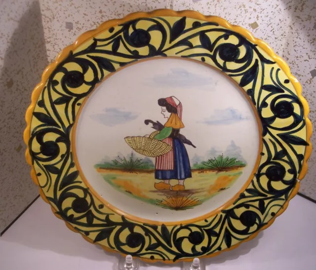 Unusual Antique Hb Quimper Art Pottery 8.5" Plate Decor Riche Breton Lady C.1900