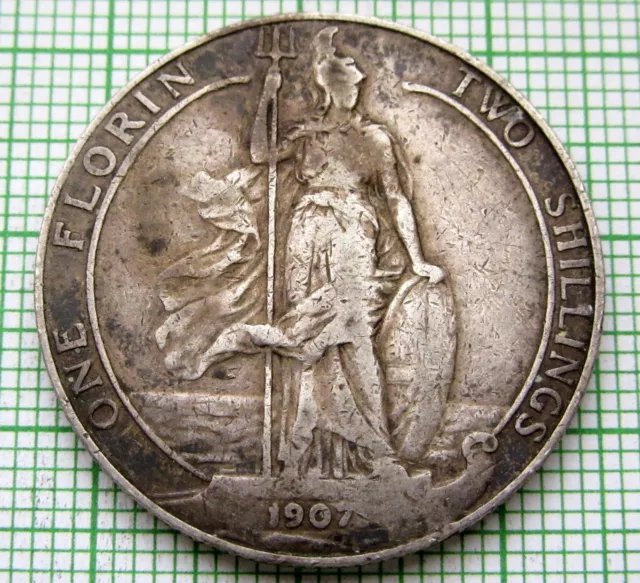 Great Britain Edward Vii 1907 Florin - 2 Shillings, Standing Britannia, Silver