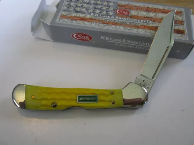 2010 Case XX JOHN DEERE Mini Copperlock Knife Yellow Jig Bone With Green Shield