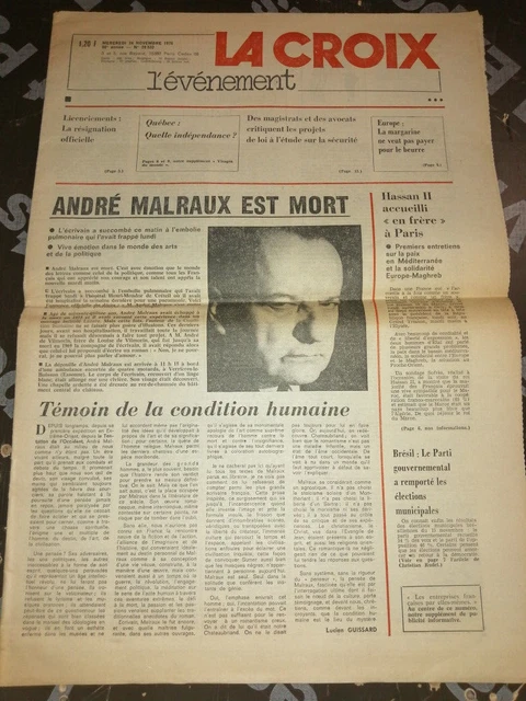 Journal La Croix 24 Novembre 1976 Mort De Andre Malraux