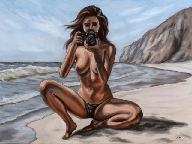ORIGINAL signed oil painting. Akt nude erotik FKK woman female frau  Strand