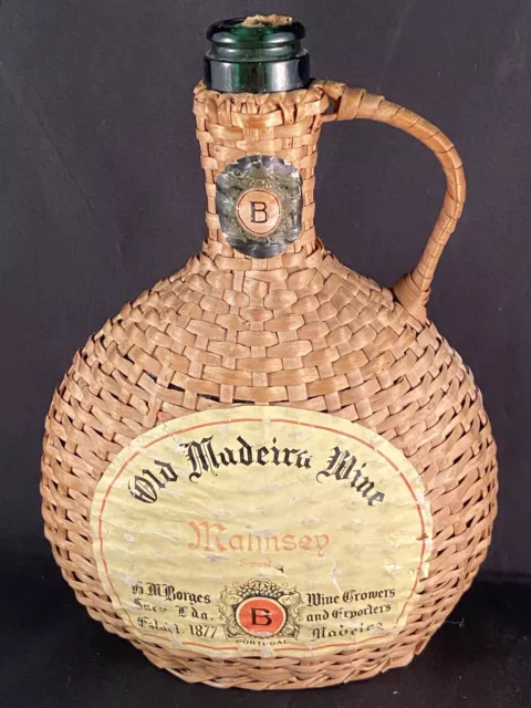 Old Mudeira Wine Maimsey Sweet Wicker Wrapped Empty Bottle Portugal