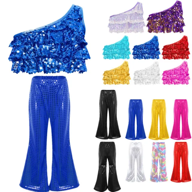 UK Kids Girls Jazz Hip Hop Sparkle Dance Set Crop Tops and Sequins Pants Costume