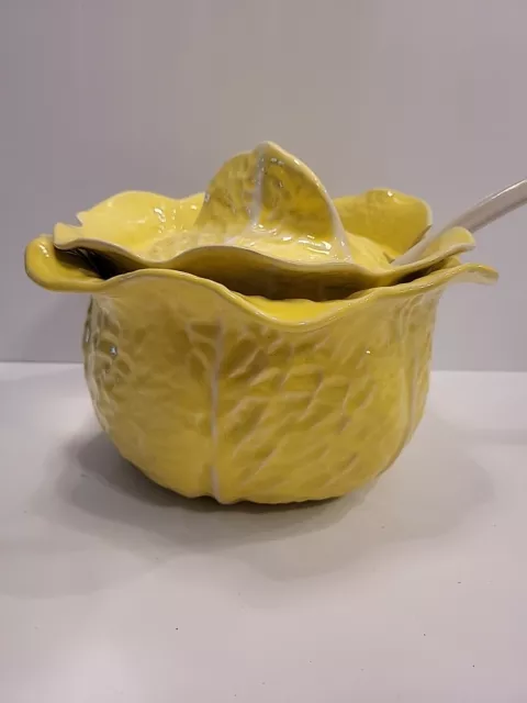Vintage Secla Portugal Yellow Cabbage Leaf Soup Tureen with Lid and Ladle