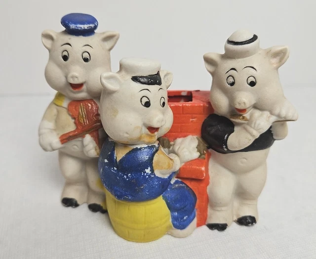 1930S DISNEY THREE Little Pigs Playing Piano Bisque Japan Toothbrush