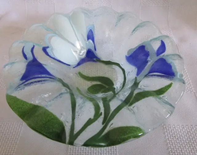 SYDENSTRICKER STARFLOWER Side View Blue 6 1/2" Fruit BOWL Signed Fused Art Glass
