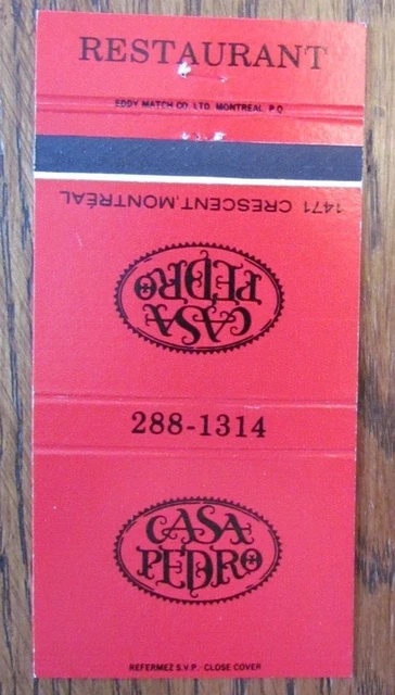 Mexican Restaurant Matchbook Cover: Casa Pedro Montreal, Quebec Matchcover -C8