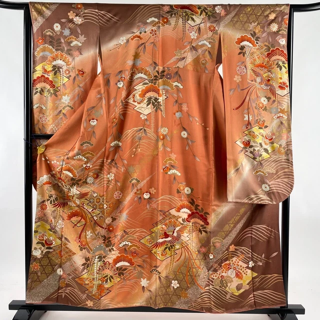 Japanese Silk Kimono Vintage Furisode Gold  Marbled Pine Crane Red Brown 62"