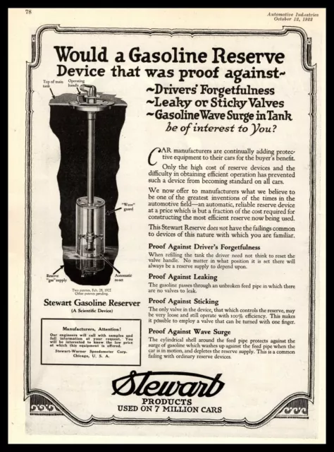 1922 Stewart Warner Speedometer Corp. Chicago Gasoline Reserver Vintage Print Ad