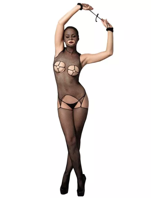 Ouvert Femmes Nylon Catsuit Filet Combinaison Anneaux Lingerie Sexy Gogo S/M/L