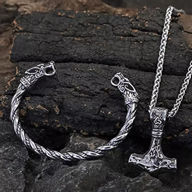 Mjölnir Amulett,Wikinger,FENRIR Wolfkopf Talisman Halskette mit Armreif Set 2