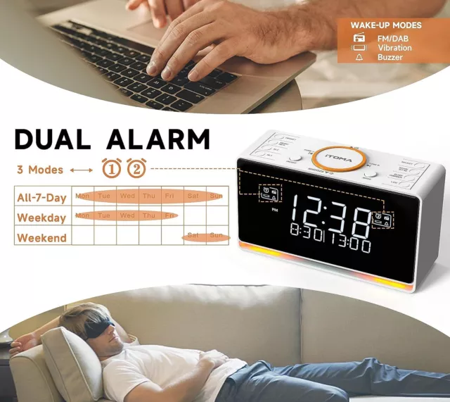 DAB & FM Radio Dual Alarm Clock with 40 Presets Bluetooth with USB Charger AU 3