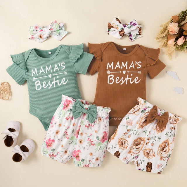 Top romper neonate bambine + pantaloncini + fascia 3 pz set abiti
