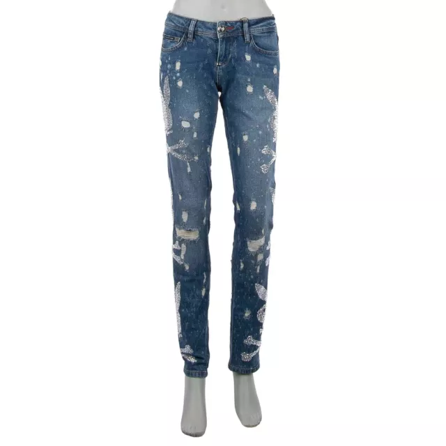 PHILIPP PLEIN X PLAYBOY Strass Bunny Destroyed Slim Jeans Hose Denim Blau 08707