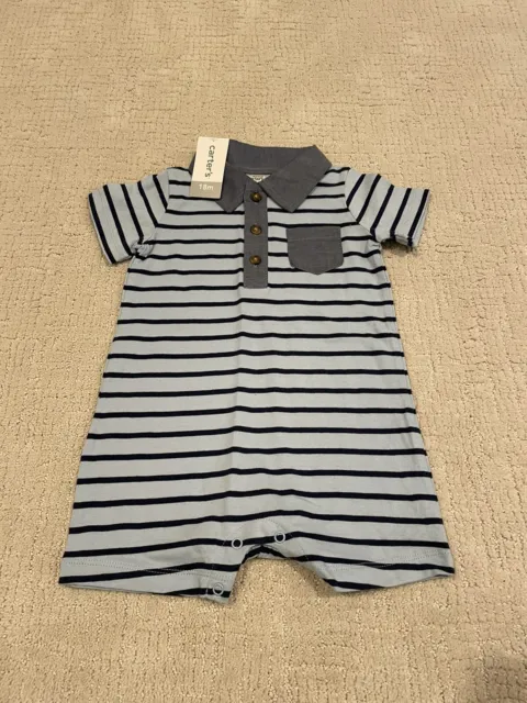 New Carters Baby Boy 18 Months Cotton Blue Striped Collared Romper NWT