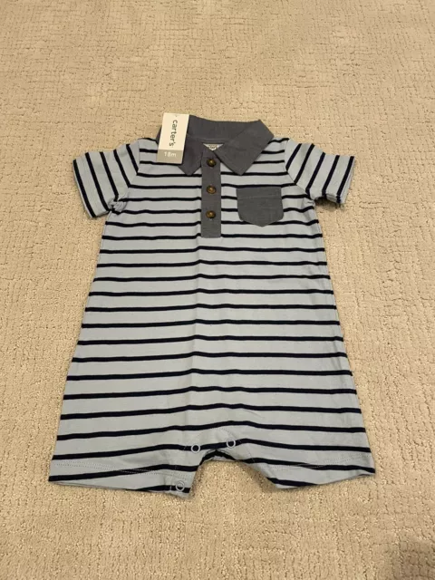 New Carters Baby Boy 18 Months Cotton Blue Striped Collared Romper NWT