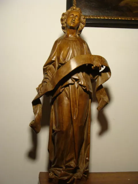 Große Alte Holz Kirche Heiligen Figur mit Schriftrolle Band 78 cm 19. Jh.