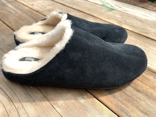 FITFLOP CHRISSIE SHEARLING Ladies Suede Mule Slippers Black Size 10