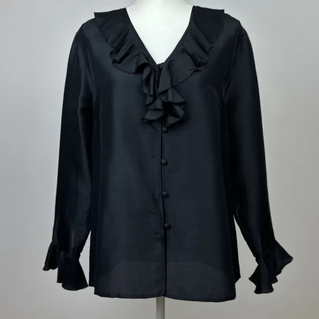 I. S. C. 100% Silk Ruffle Blouse Long Bell Sleeve Medium Womens V Neck Collar