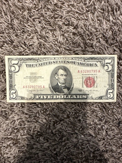 1963 Five Dollar RED Seal Note United States Note Old US Bill $5 Average Circ