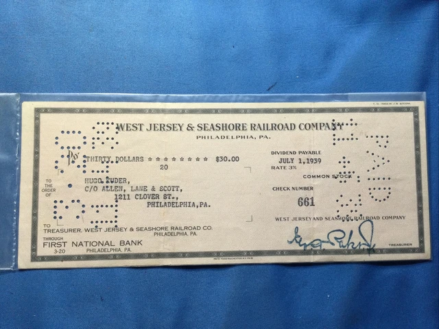 1939 West Jersey & Seashore Railroad Co. First National Bank Check Phil. Pa