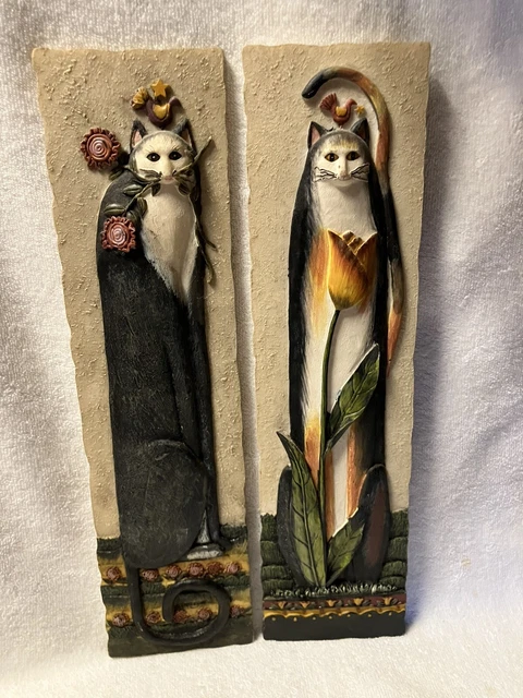 Set Of 2 E. Smithson 3D Cat Folk Art Wall Plaques. Resin