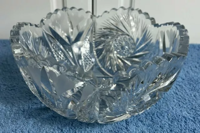 Vintage Crystal Cut Glass 8" Bowl with Scalloped Sawtooth Edge Heavy