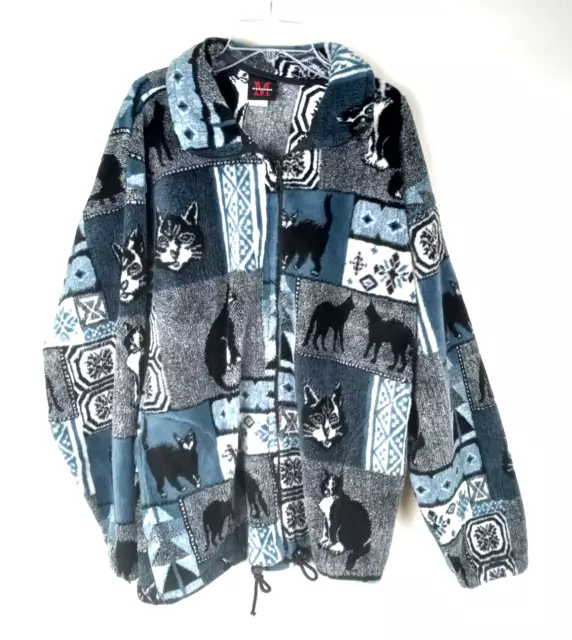 Mazmania Fleece Jacket Large Cats Cat Lover Zip Up Blue Gray Soft Cozy USA