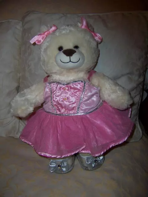 BUILD A BEAR TEDDY CREAM WHITE original PINK NET BOWS DRESS HIGH HEEL SHOES