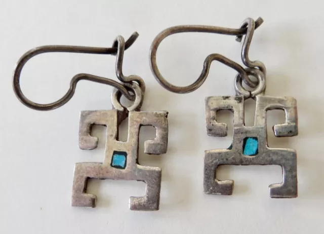 Vintage Mexico Sterling Silver Turquoise Dancing Figure Dangle Pierced Earrings