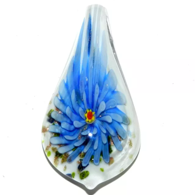 P2446 Blue Flower with Gold Sparkles 57mm Lampwork Glass Spoon Drop Pendant