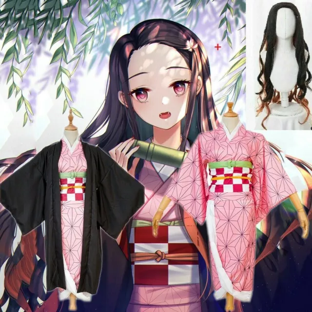 Anime Demon Slayer Kimetsu no Yaiba Kamado Nezuko Cosplay Costume Kimono Wig Set