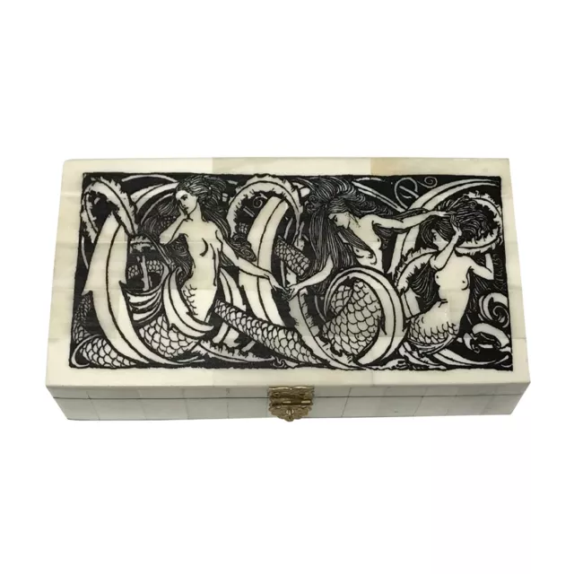 6-1/4" Mermaids Engraved Bone Box with Hinged Lid- Antique Reproduction