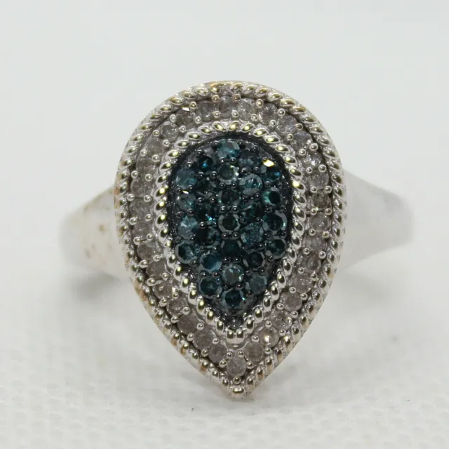 Fabulous! Genuine! Blue & White Round Diamond Pear Shape S/S Ring size 6