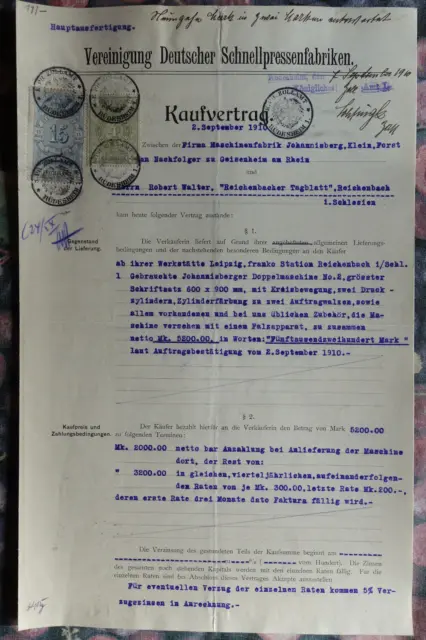Kaufvertrag Druckmaschine Robert Walter Reichenbach/er Tagblatt Dzierżoniów 1910