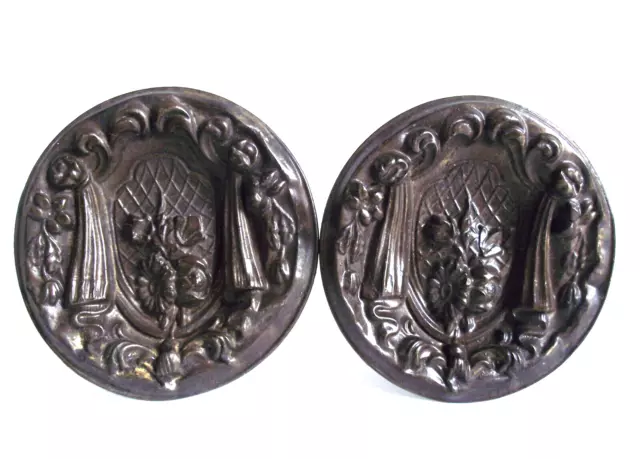 PAIR Antique 2 PRESSED BRASS ROSES 2 5/8" CURTAIN TIE BACK Drapery Mount Set VTG