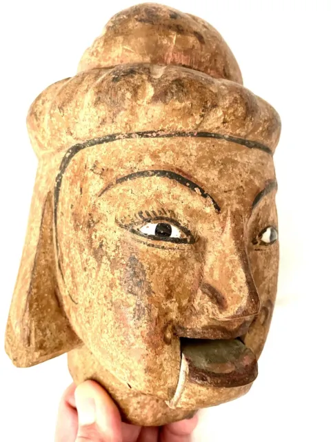 Antique 19Th Burmese Carved Wood Marionette  Puppet Head  W/ Hinged Mouth 3