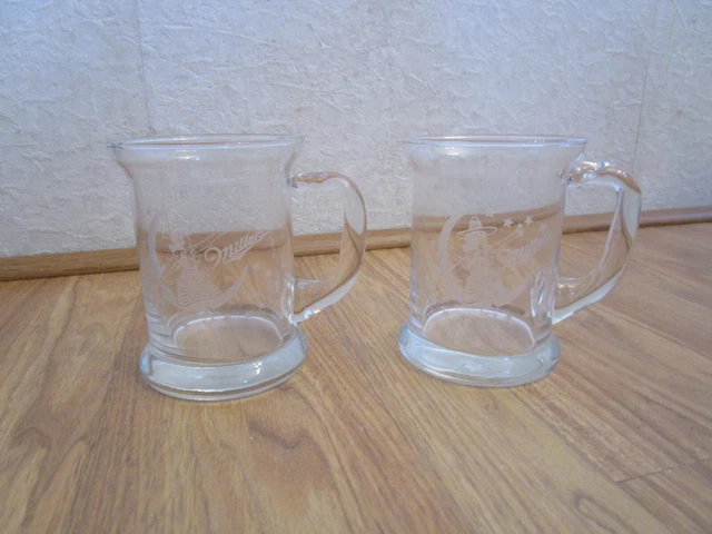 2 Vintage Miller Beer Clear Glass Etched Girl on the Moon Mugs- 4 3/4" Tall