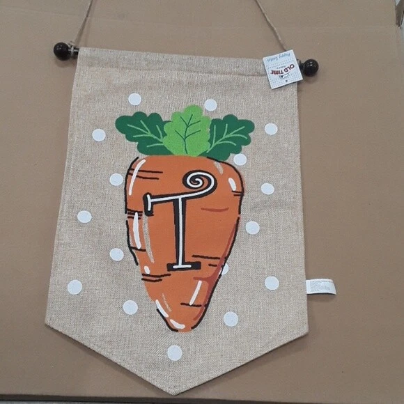 Spring Easter "T" Monogram Carrot Burlap House Flag with Pole NEW