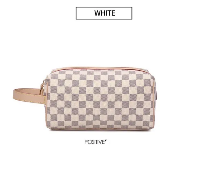 White Checkered Cosmetic Bag Travel Toiletry Organizer for Both Men and Women.