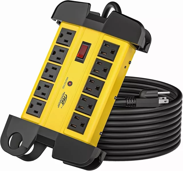 10-Outlet Heavy Duty Power Strip Metal Surge Protector with 15 Amps, 15 Ft cord