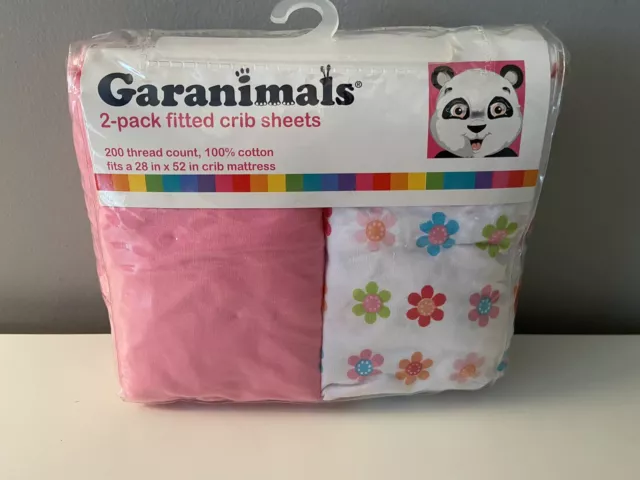 Garanimals 2 Pack Fitted Crib Sheets Floral and Bright Pink 100% Cotton 2014 NOS