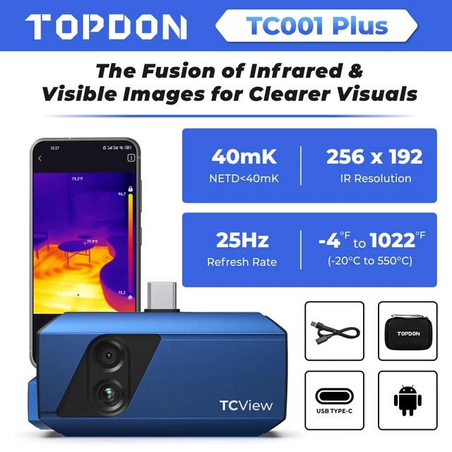 Caméra Thermique TOPDON TC001 Plus Pour Android - Double Objectif 512x384 IR + 100W Visuel