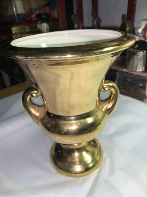 Vintage Haeger Pottery Urn Vase 22 Carat Gold Glaze White Award Trophy USA EUC