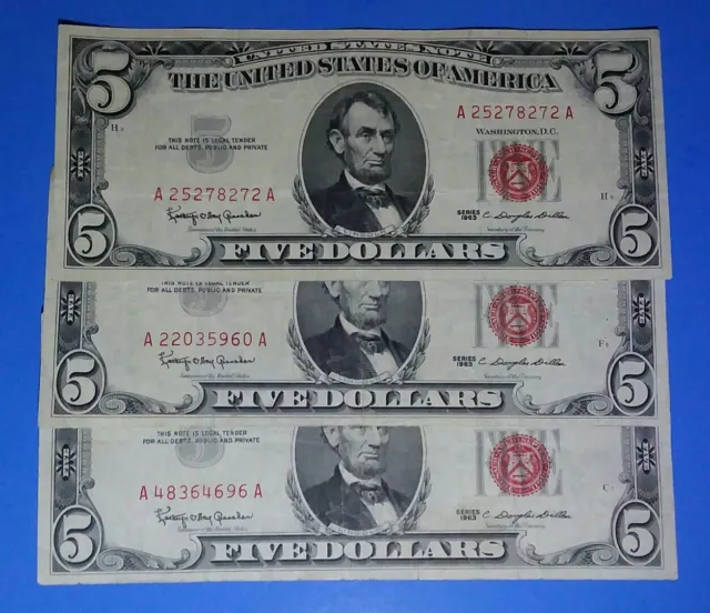 Lot Of 3, 1963 5$ Red Seal Notes ! Vf. Circ. ! Old Us Currency !!