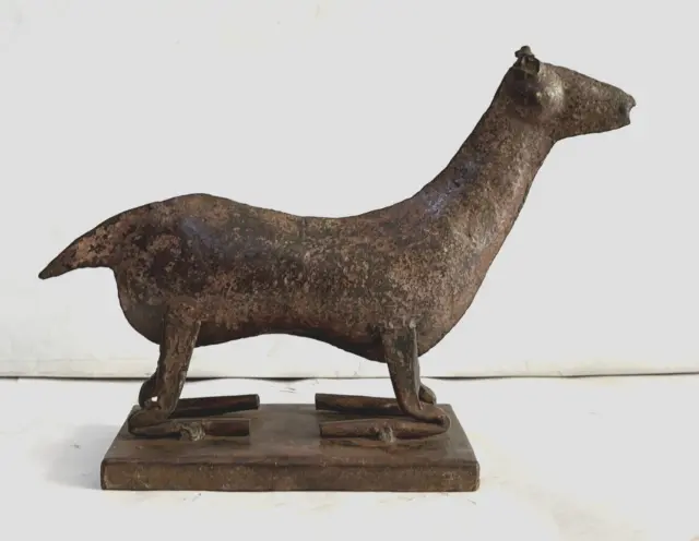 Rare Old Vintage Hand Forged Rustic Heavy Iron Tin Rich Patina Goat/Dear Statue