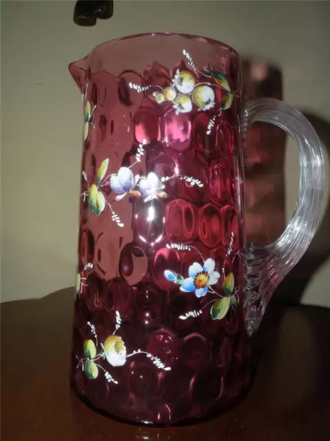 Antique Cranberry  Inverted Thumbprint Enameled Moser Bohemian Pitcher 8.75" T